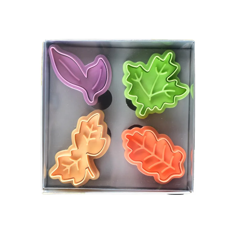 4PCS DIY Baking Tools Set Leaf Shape Cookie Plastic Plunger Cutter Cake Fondant Tools Decorating Embossing Cutter Set
