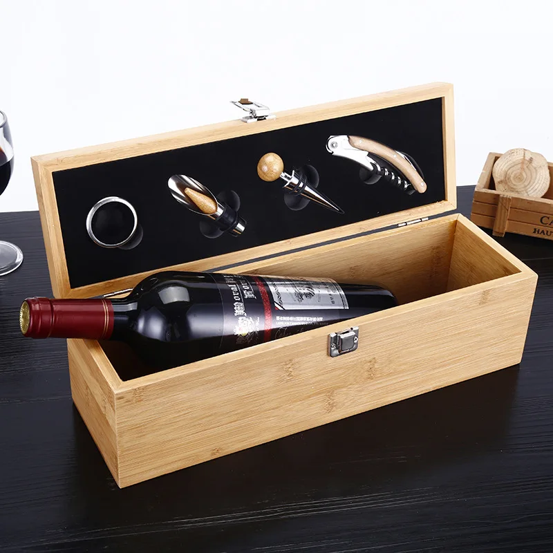 Bamboo Wooden customization pattern LOGO Bamboo Wood Wine Case with Tools Set Wine Storage Box Gift for Wine Lover