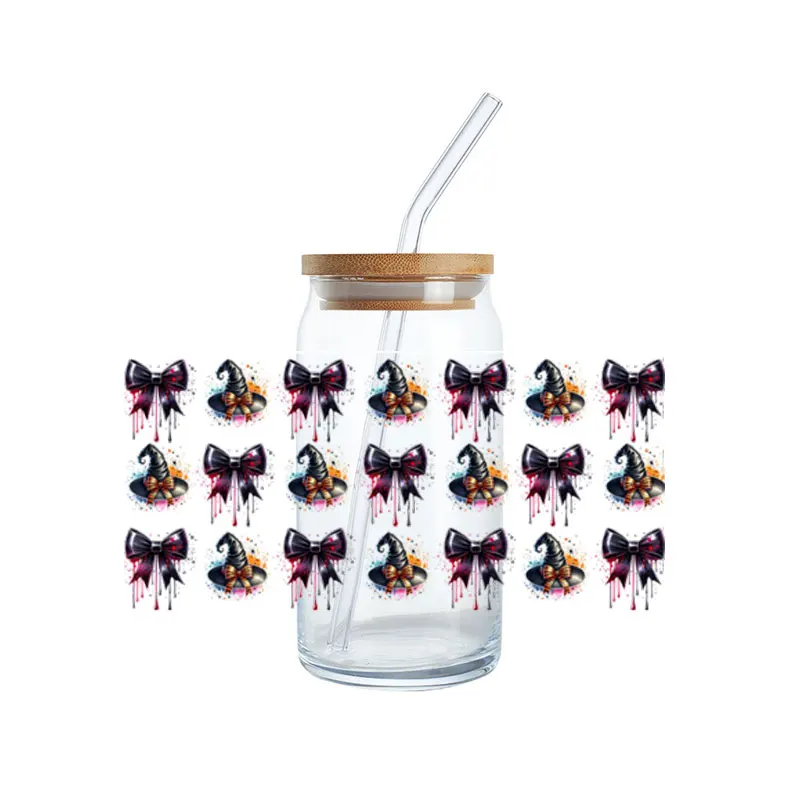 Pink Bows UV DTF Cup Wrap Transfers Halloween Coquette Aesthetic Ribbon Pumpkin Uvdtf Decals Stickers for 16oz Libbey Glass Cup