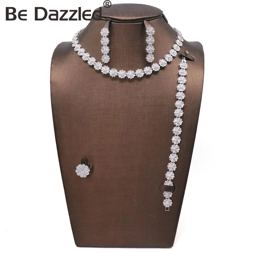 Bedazzled round O necklace set, dubai silver and 24K gold plated flower women wedding bridal jewelry set, wedding necklace