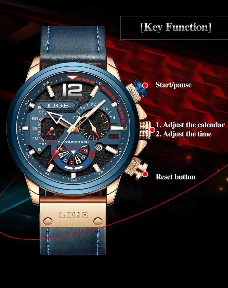 LIGE LG8959 new arrival blue male quartz watch low cost PU leather band 3 dials chronometer old sports hand watch