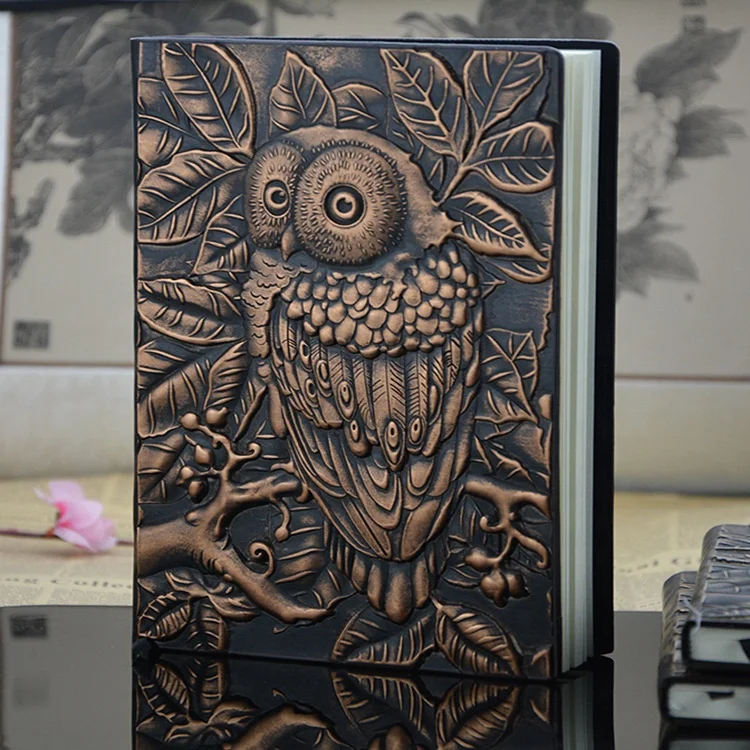 A5 Luxury European Retro Owl Journal Note Book Notepad Anaglyph Process Carved PU Leather Embossed Cover Manual Notebook