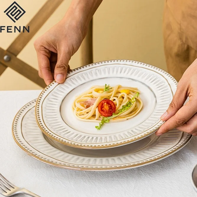 Country Style Simple Embossed Stoneware White Ceramic Dinner Dish Plates Porcelain Dinnerware Microwave Safe for Home Kitchen