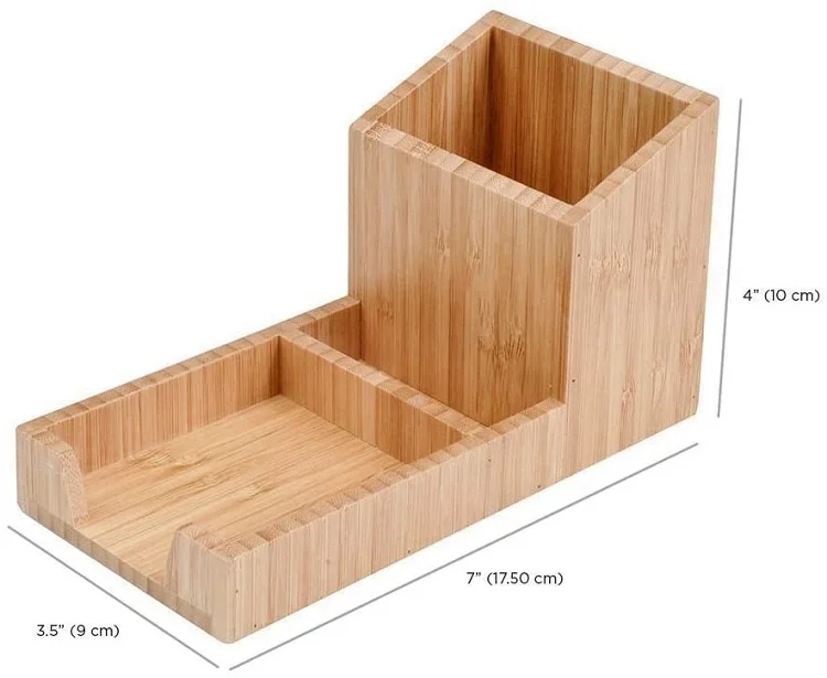 Bamboo Desk Organizer Pencil Stand Pen Holder With Tray For Small Stationery Items Desktop Storage Rack For Paperclip Card