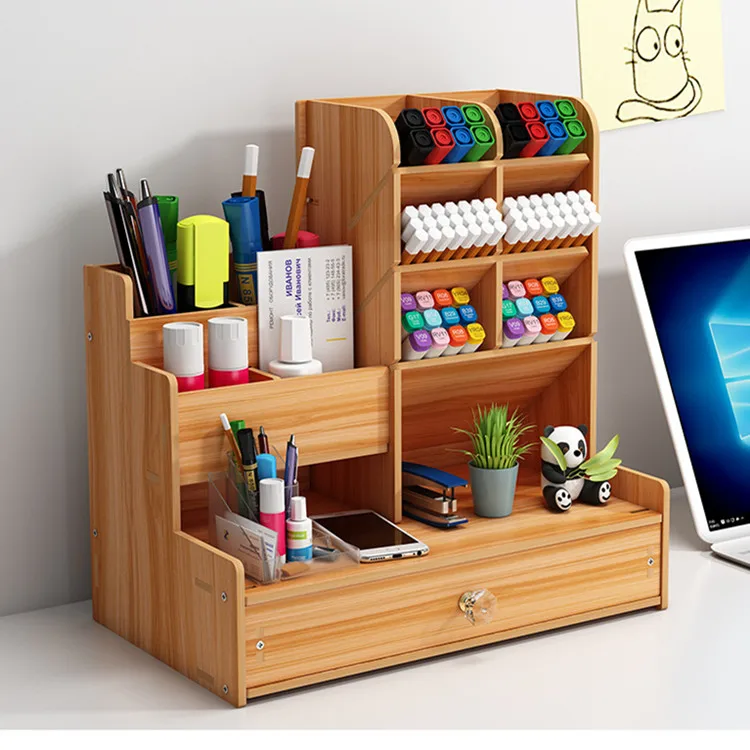 Tonsmile DIY Pen Holder Box Bamboo Wooden Stationery Desktop Drawer Office Organizer with Phone Holder