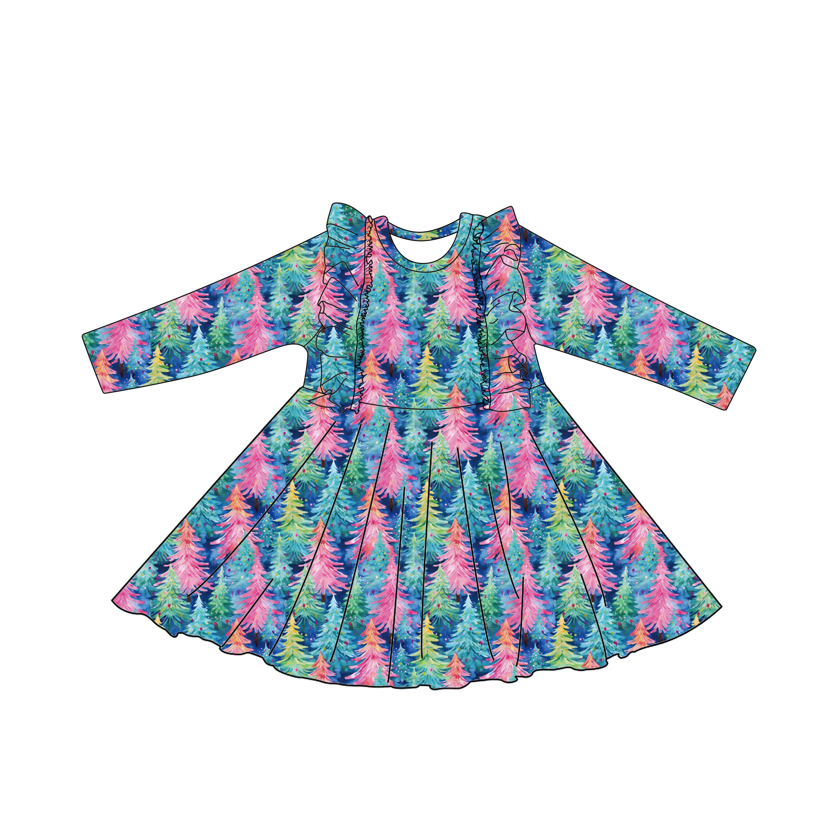 Custom factory Baby Long Sleeve Christmas Dress Princess Kids Rainbow Tree Party Dresses for Girls