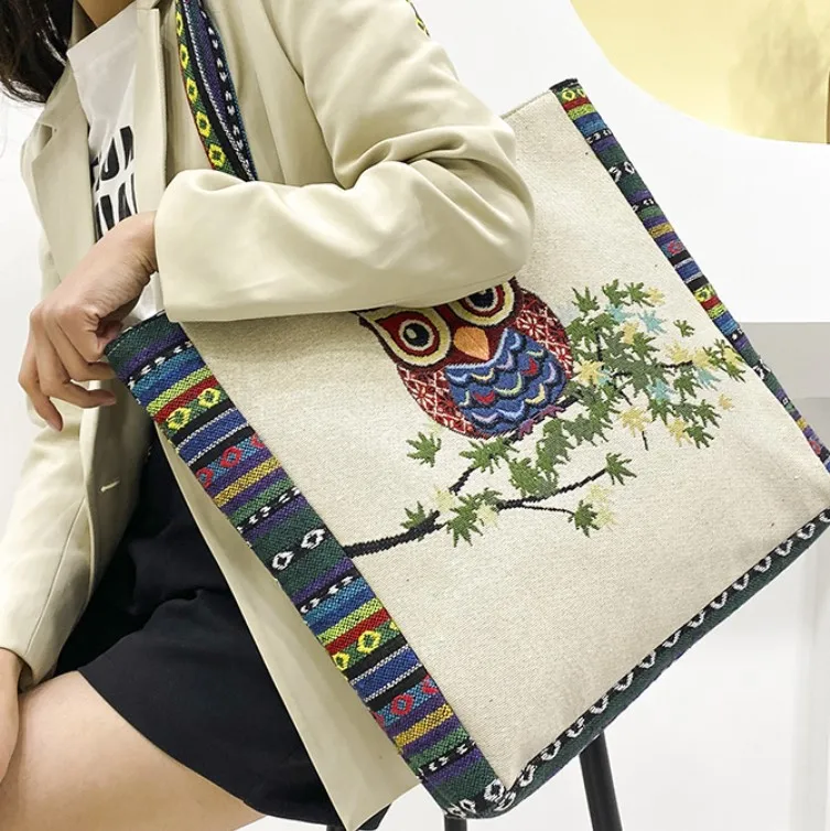 Wholesale Cartoon Owl Flamingo Woven Cotton Casual Ladies Tote Bag Large Shopping Bag Women Beach Handbag for Girls Canvas ODM