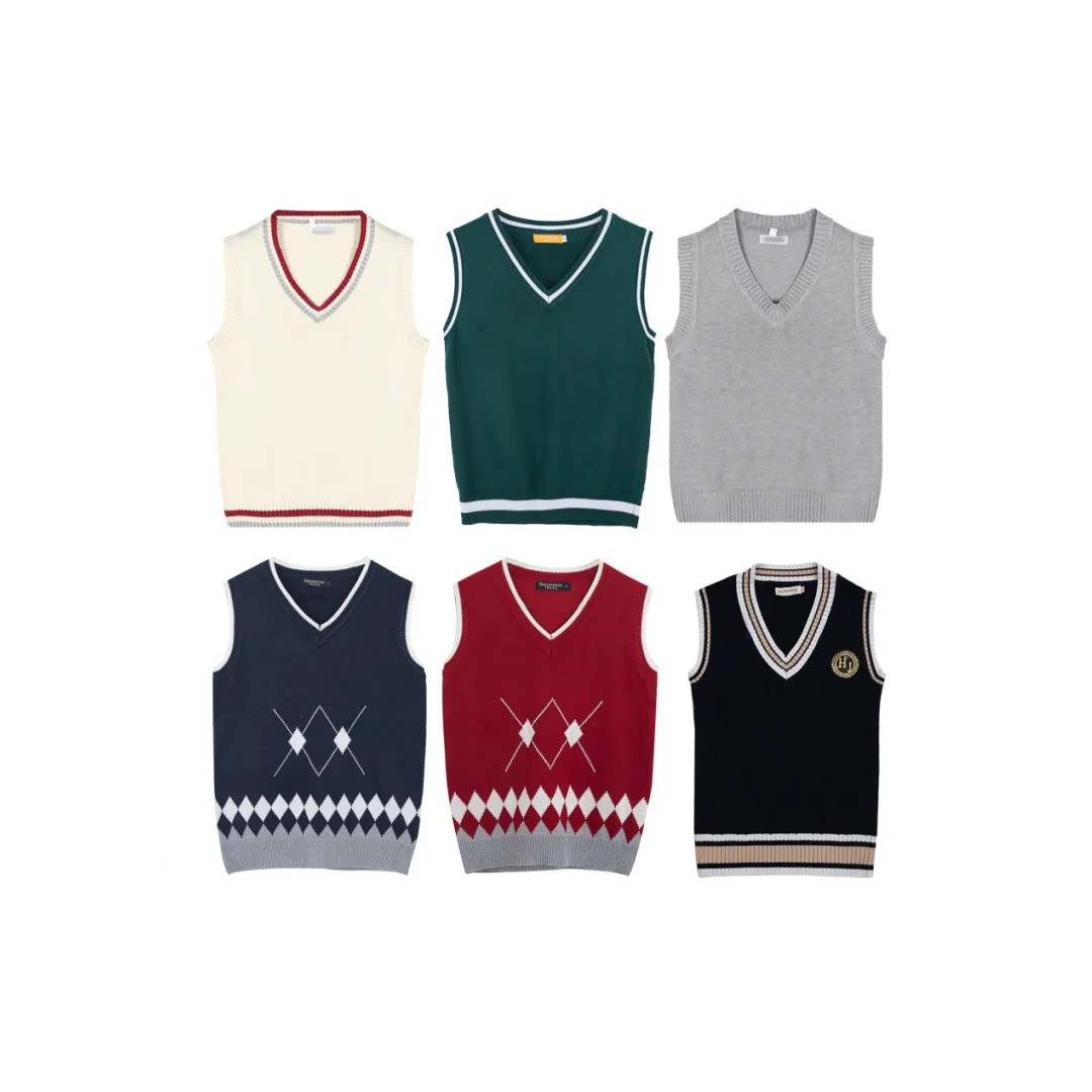 Custom logo high school boys and girls knitting V-neck sleeveless Pullover Sweater Vest school uniform
