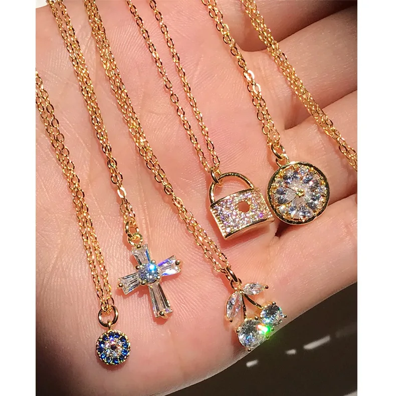 S925 Sterling Silver Chain Zircon Women Cherry Necklace Devil Eye Crystal Heart
