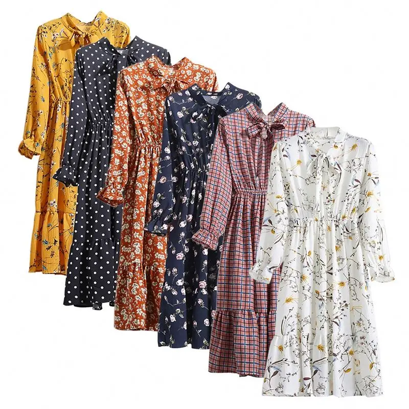 2022 vintage Floral Printing Chiffon Dress Summer Women Long Sleeved Dress Retro Collar Casual Slim Dresses