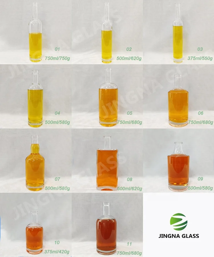 JINGNA in stock empty wine cheap 375ml 500ml 750ml round square glass bottles with lids for whisky liquor