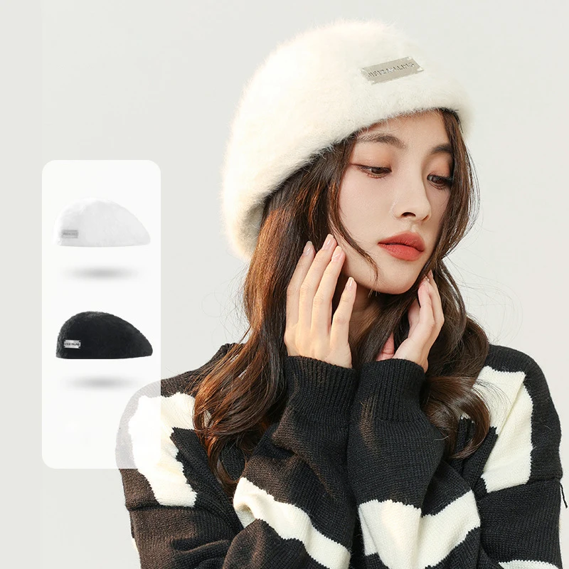 ZANDY Simple Fashion Casual Warm Metal Label Rabbit Hair Beret