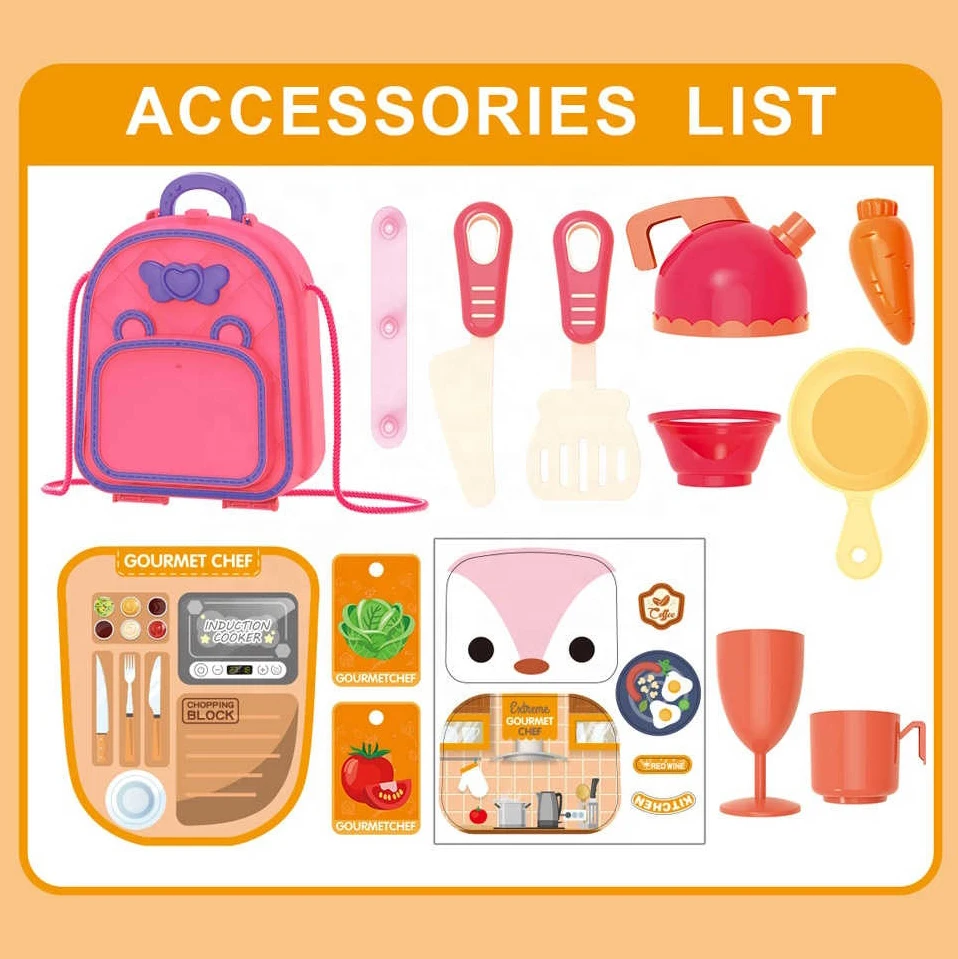 Plastic Mini  Indoor Shoulder Bag Backpack Cooking Pretend Play Game Kitchen Toy Set For Kids