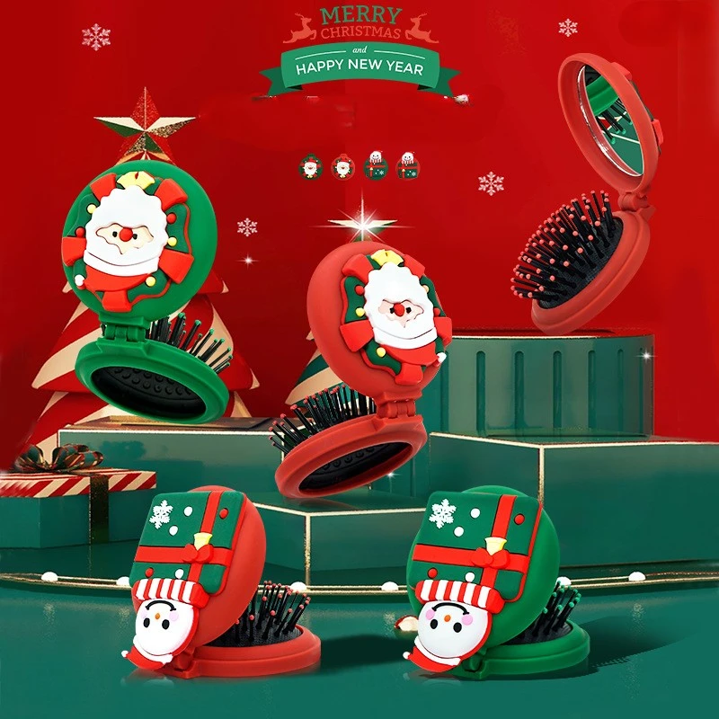Christmas Gift Custom Logo Mini Hair Brush Portable Folding Brush With Mirror Baby Scalp Massage Brush