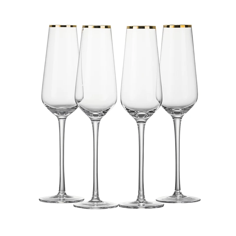 Custom logo thin Stem Hand Blown Champagne Flutes Gift Box Crystal Clear Glass goblet cocktail Champagne Glasses with gold rim