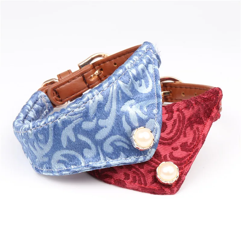 Elegant Silk Embroider Dog Bandana Soft Ethnic Style Pet Kerchief Cat Diamond PU Leather Collar with Bow Tie Metal Buckle