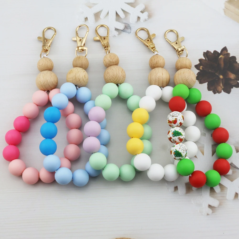 2021 New Christmas Personalized Gift Car Key Ring Wooden And Silicone Bracelet Bangle Key Chain Leopard Print Bead Keychain