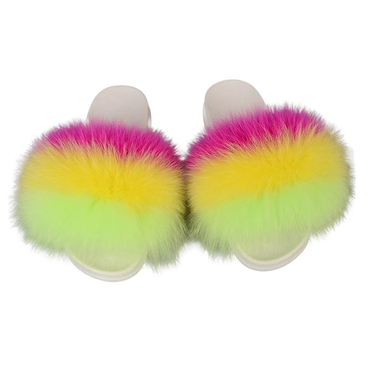
Fluffy Slippers Real Fox Fur Slides Indoor Flip Flops Casual Shoes Woman Raccoon Fur Sandals Vogue Plush Shoes 