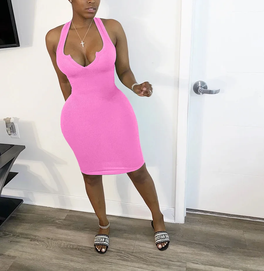 
QC9213 - Summer solid color dresses ribbed v-neck sleeveless tee shirt dress women 