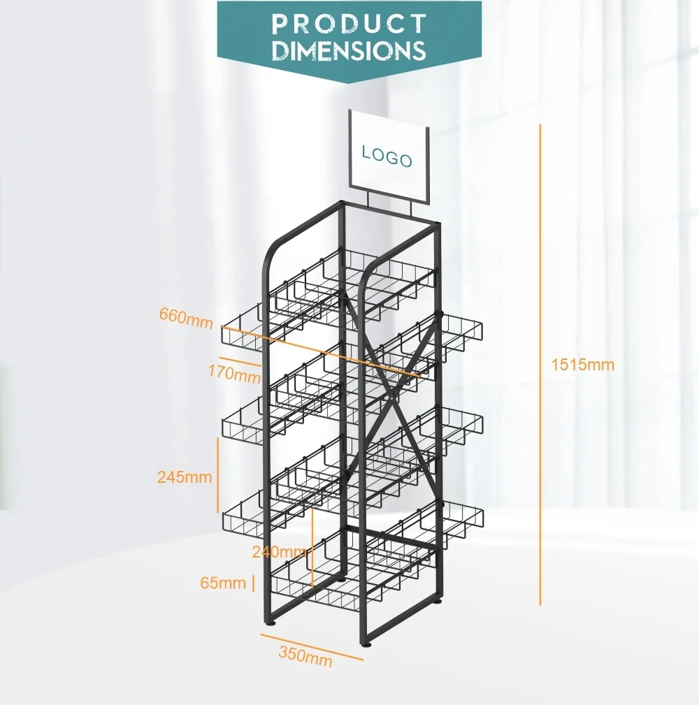 Promotional Metal Wire Display Stand Supermarket Basket Display Rack 4 Tier Food Display