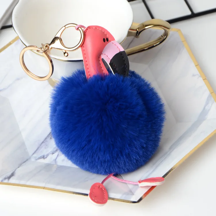 
Lovely Fluffy Artificial Plush Fur Ball Key Chain Animal Bird Women Car Bag Key Ring Custom Pompom Flamingo Keychain 