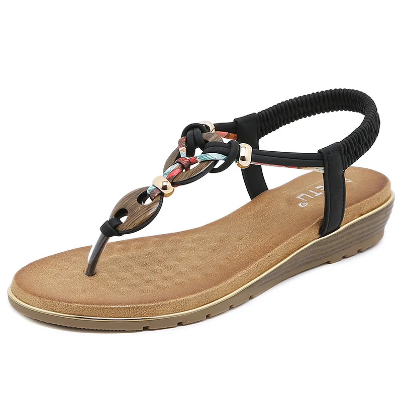 Fashion Women Summer Beach Sandals Wooden Bead Buckle PU Sole Flip Flops Flat Sandal For Women New Style