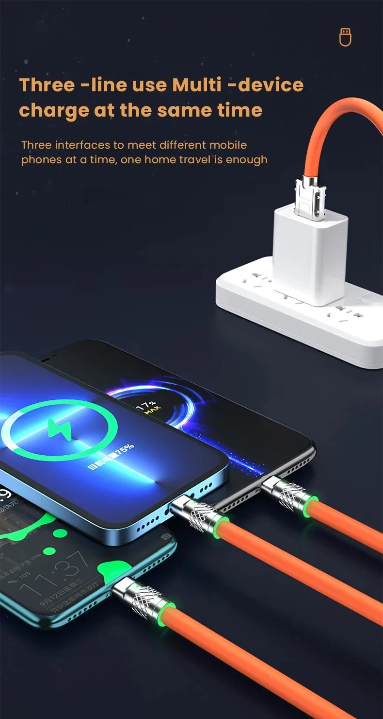 120W 6A 3 in 1 Fast Charging Type C Cable Micro USB for iPhone Charging Cable For Samsung Huawei Xiaomi Phone Charger USB Cable