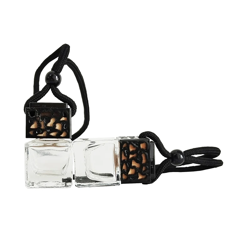 Hot Sale 8ml Mini Square Car Hanging Diffuser Fragrance Perfume Oil Empty Glass Bottles with Black Gold Sliver Cap