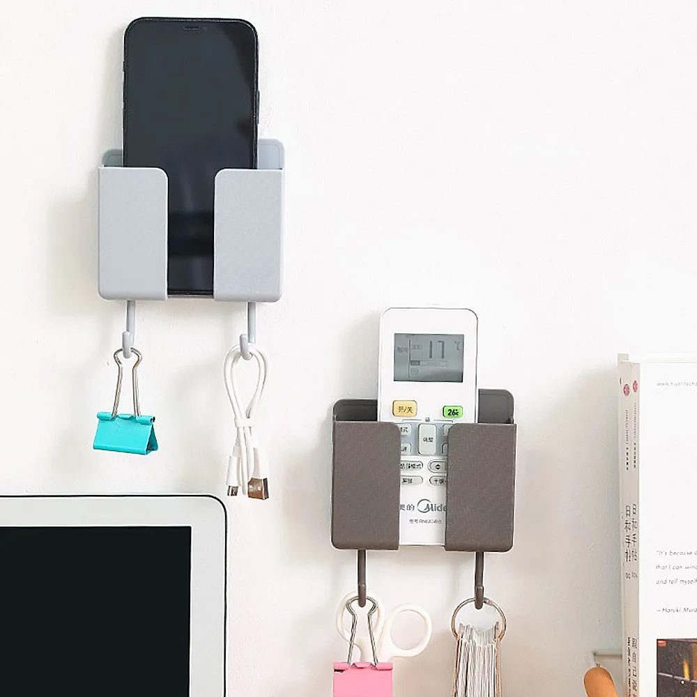 Wall Mounted Remote Control Holder Mobile Phone Storage Organizer Home Plastic Rack With 2 Hooks