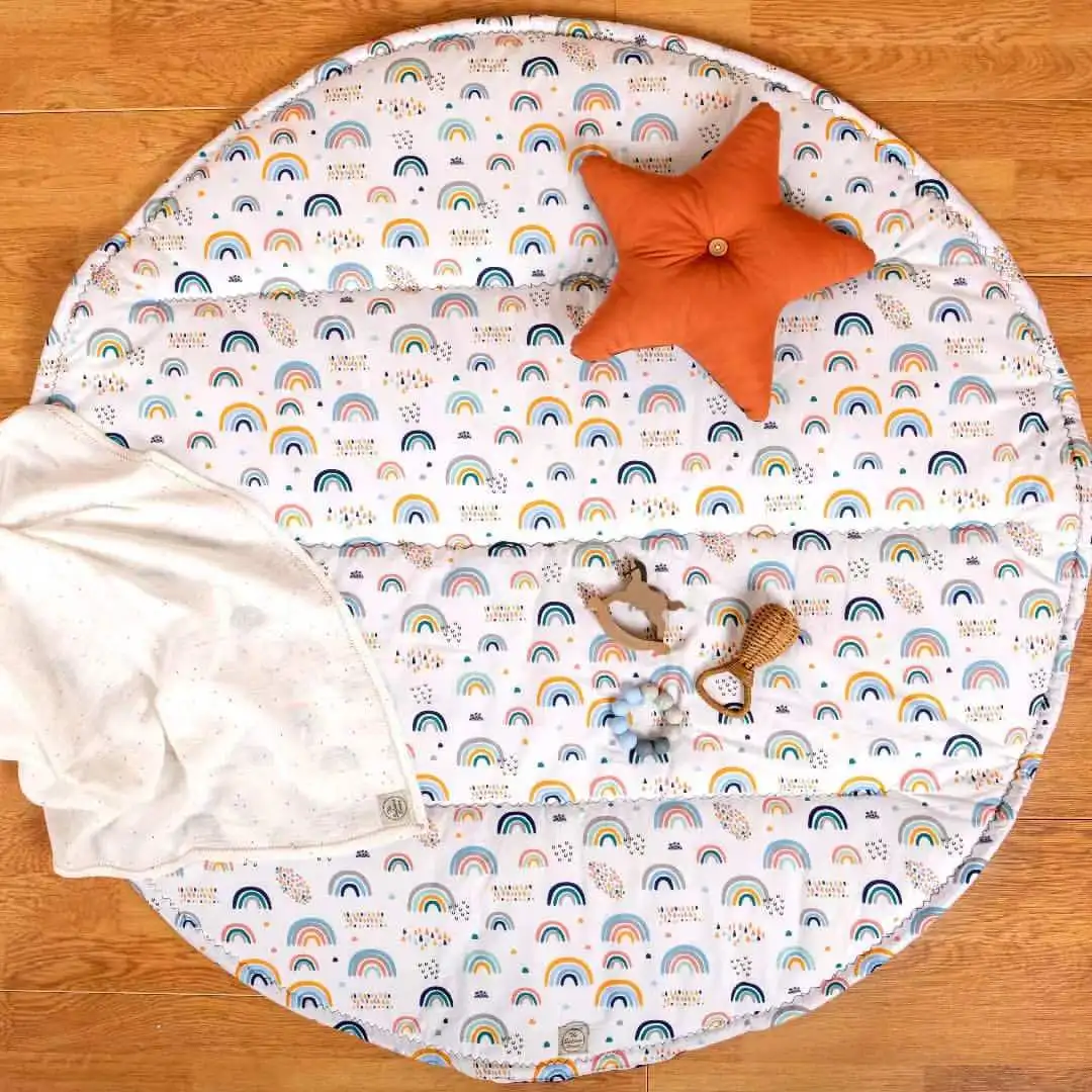 120CM Custom Rainbow Pattern Breathable Organic Cotton Thick Baby Playmat for Unisex Kids