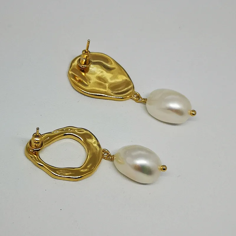 Aimgal jewelry Baroque fresh water pearl earrings for women fashion temperament vacuum plating asymmetrical earrings for women