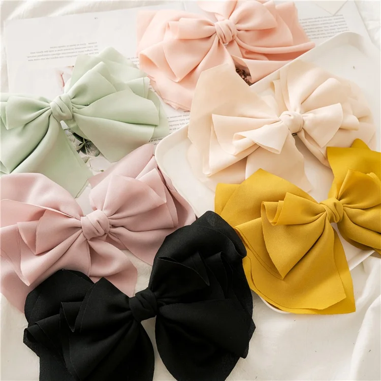 New Designs Girls Hair Accessories Ponytail Solid Color Hairpin Satin Fabric Big Bow Spring Hair Clip For Women