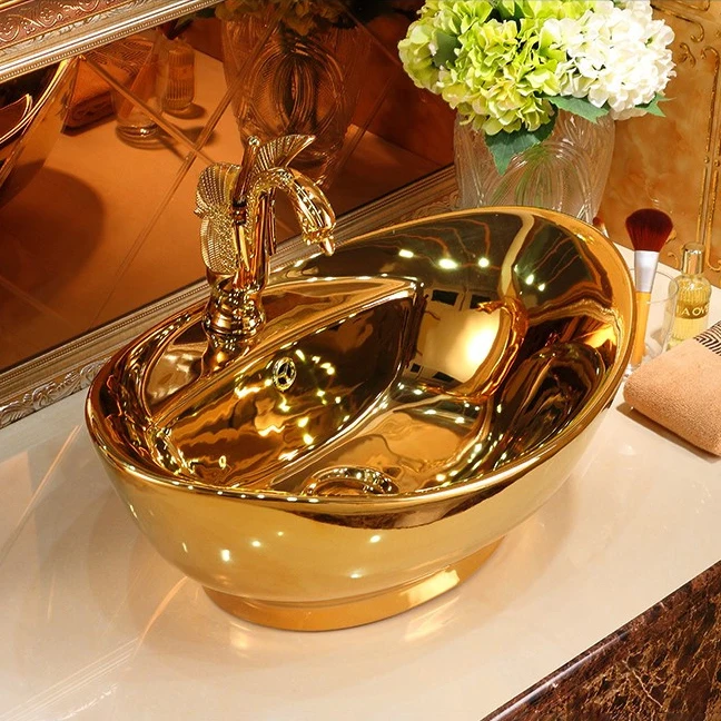 European style hotel home luxury gold plated above counter bathroom sink ceramic gold wash basin
