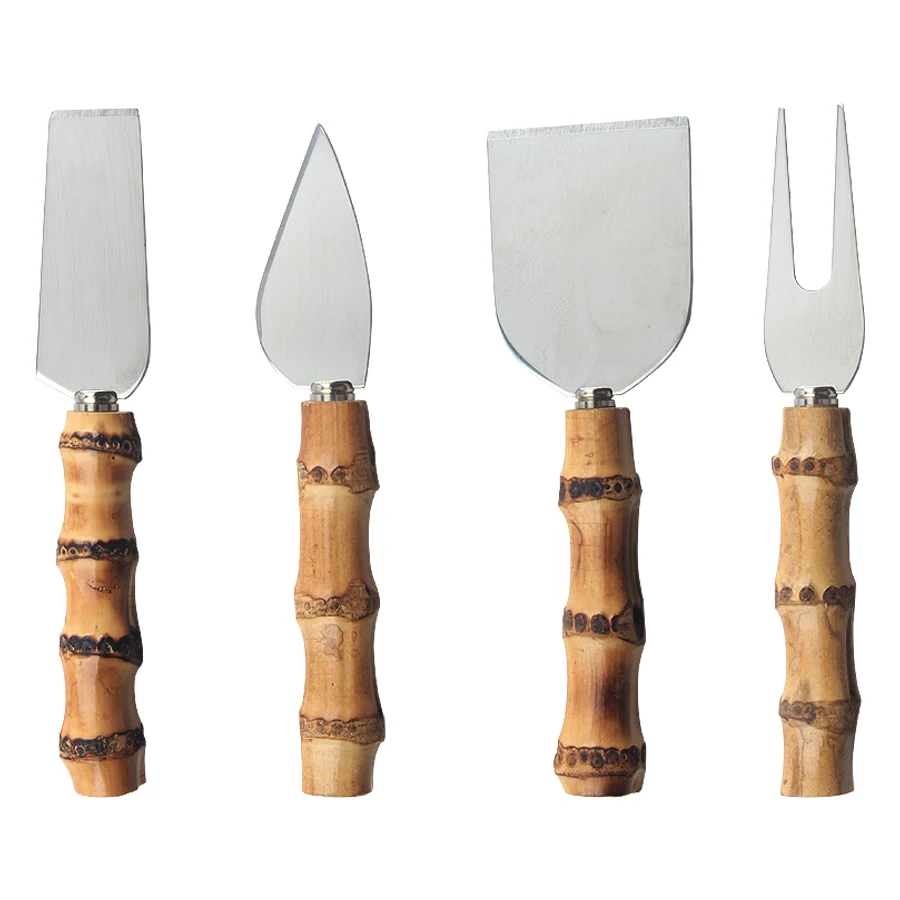 Wholesale Stainless Steel Cheese Cutter Knife set 4 pcs Mini  Cheese Slicer With Bamboo Handle