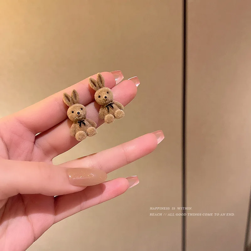 Winter Anime Bunny Stud Earrings Piercing for Woman All Match Cute Plush Rabbit Earrings Cartoon Popular Flocking Party Jewelry