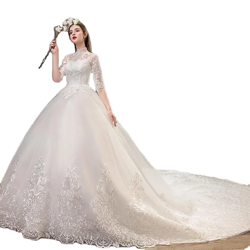 Wedding lace bridal stand collar long sleeve stand collar big trailing Muslim modest wedding dress