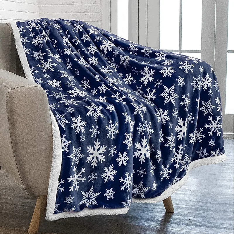 Red Plaid Snowflake Sherpa Flannel Double Layer Fluffy Personalized Christmas Blankets Throw  For Sofa Cover