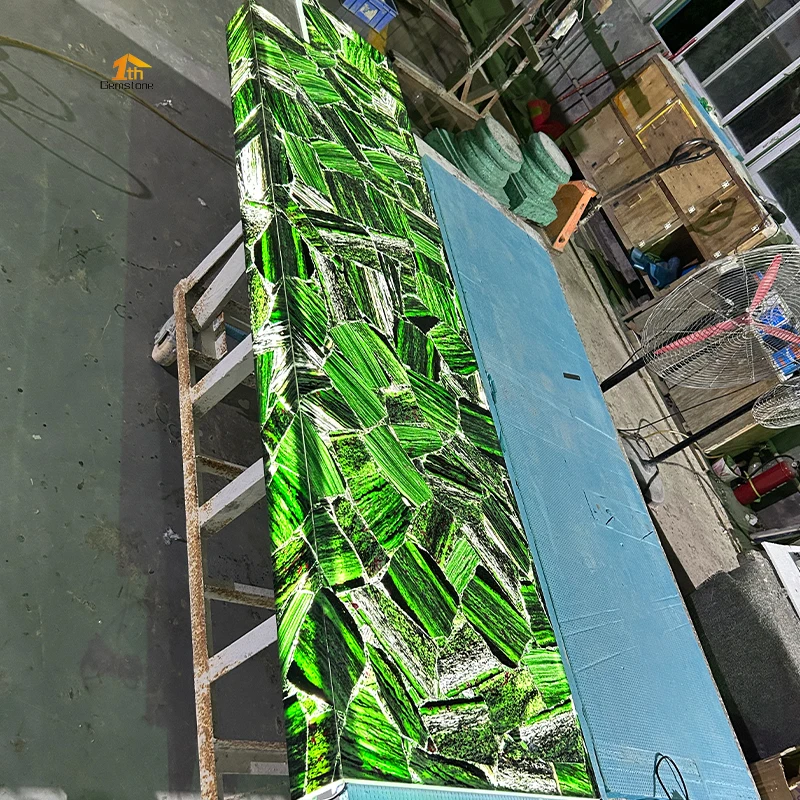 Backlit Green Quartz Crystal Red Emerald Semiprecious Stone Countertop Slabs