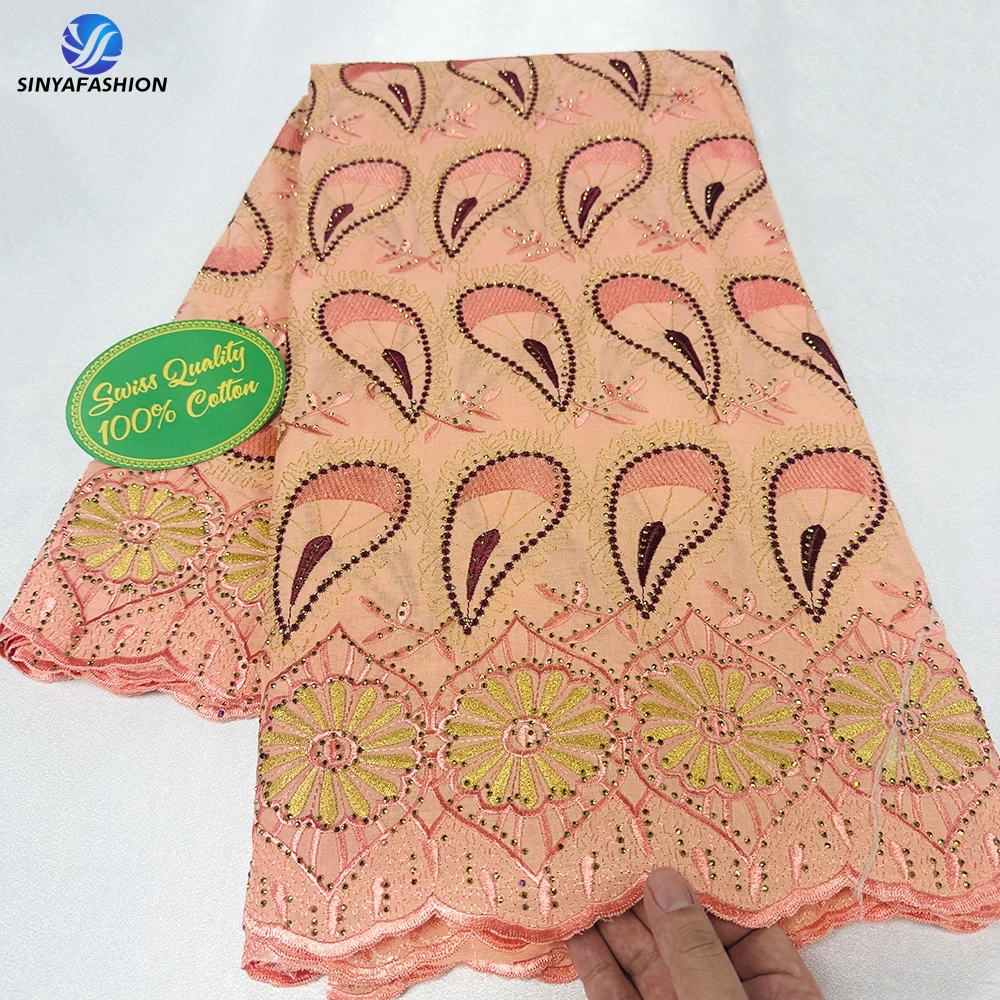 Sinya Embroidery African 100% Cotton Laser Cut Dry Lace Fabric With Stones 5 Yards High Quality Swiss Voile Lace In Switzerland