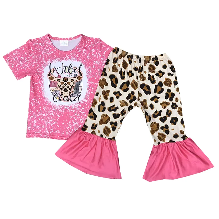 wild child spray-ink summer outfit western style leopard ox print wholesale boutique clothing set