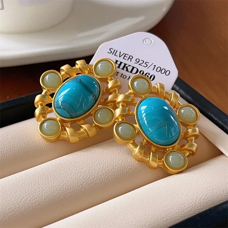 Retro palace style jewelry geometric studs earrings golden turquoise earrings