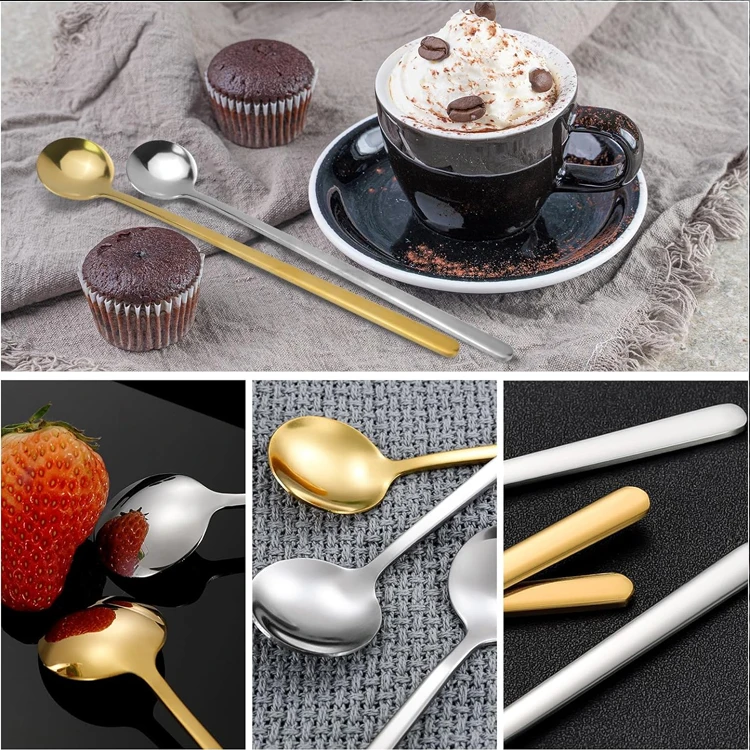 Custom Logo Round Stainless Steel Teaspoon Long Handle Tea Spoon Latte Mixing Gold Cutlery Spoon Set Ice Cream Coffee Spoons