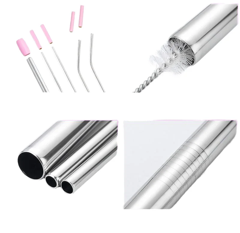 304 Custom Logo Bent And Straight Whole Sale Pack Straws Stainless Steel Metal Straw Set with bag packaging