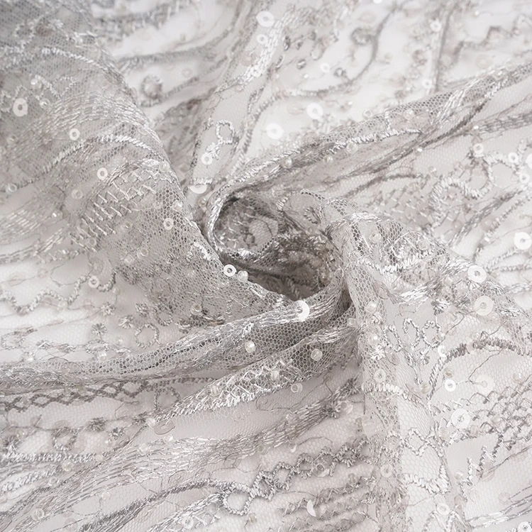 
Sequence fabric luxury french tulle mesh wedding dress bead sequin embroidered fabric 