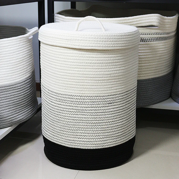 Amizon hot best sale tall wholesale white and grey pattern  weave household cotton rope storage basket with cover lid