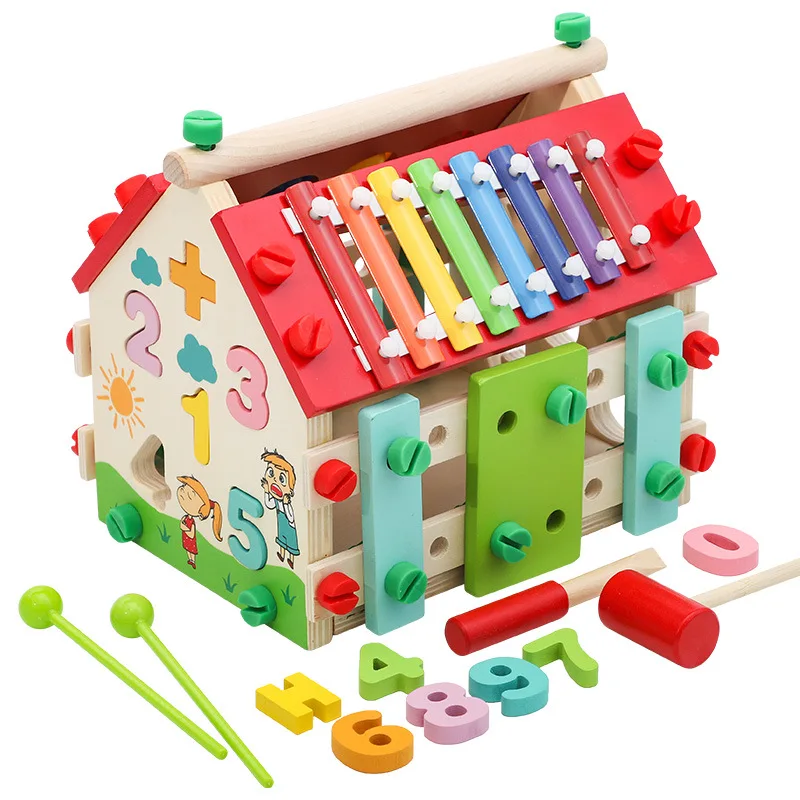 Hot Selling Multifunctional Smart House Wooden Ball Knocking Xylophone Screw matching house Montessori Early Educational Toys