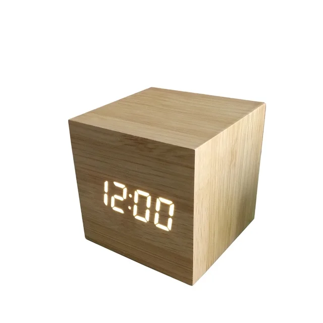 2024 Led desk clock cube calendar snooze white led displays gift home decoration modern digital wooden alarm clock