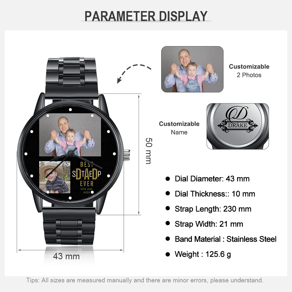 Часы мужские черные с фото на заказ, ширина браслета 21 мм