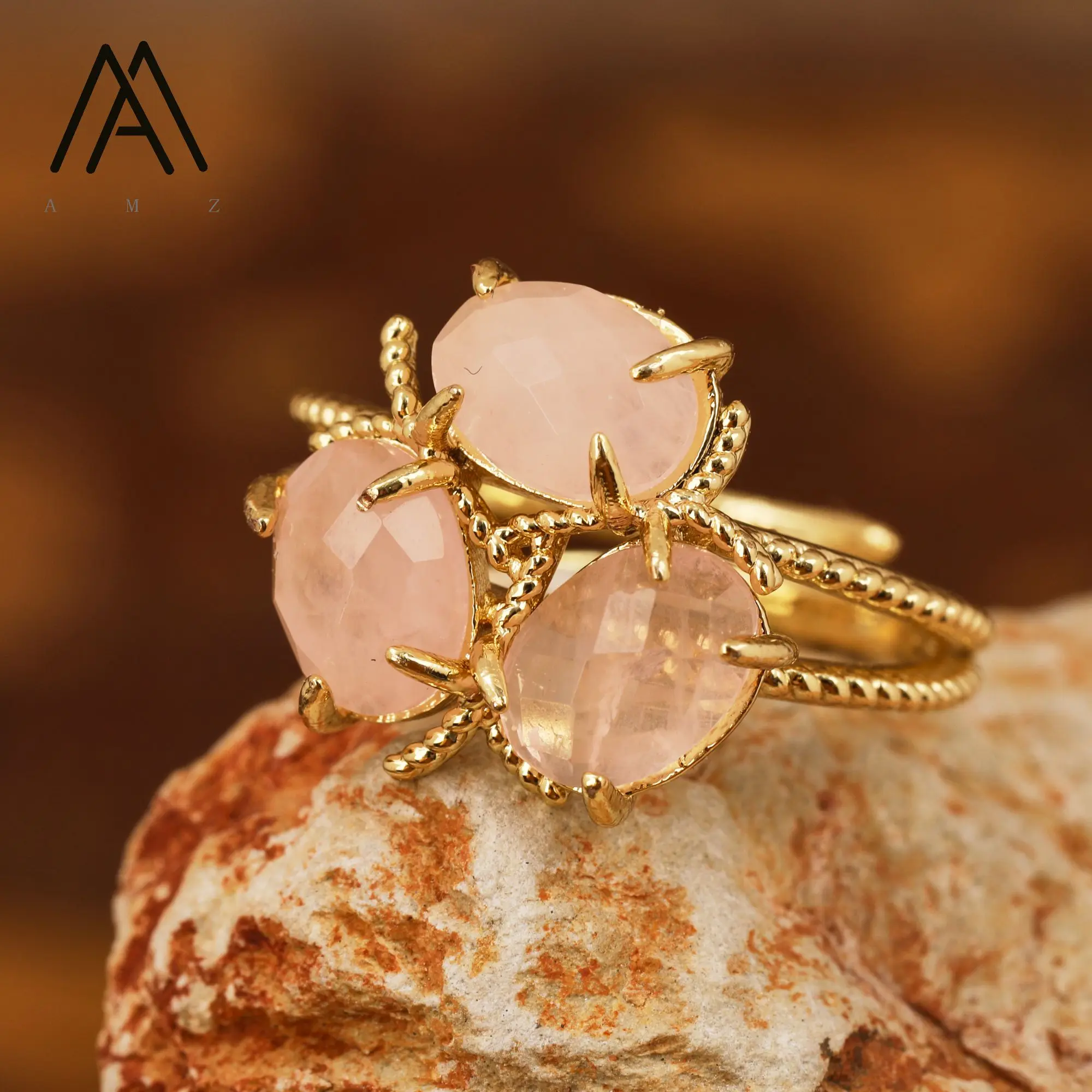 Gold Plating Natural Gemstone Ring with 3 Faceted Crystals Inlaid on Copper Claws Fashion Rings