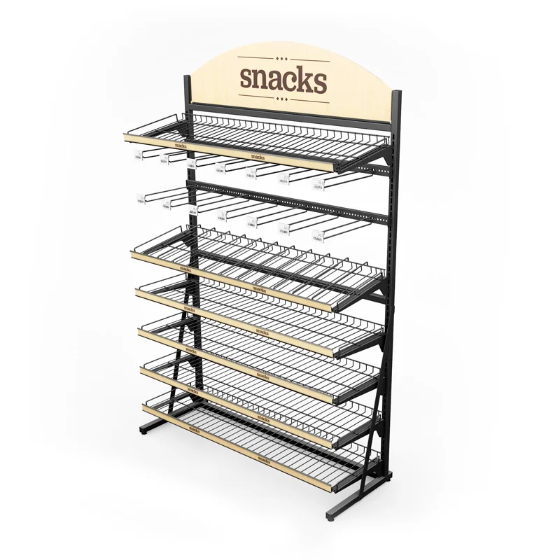 Custom Supermarket Biscuit Candy Snack Food Drink Water Bottle Metal Wire Mesh Basket Display Rack Stand